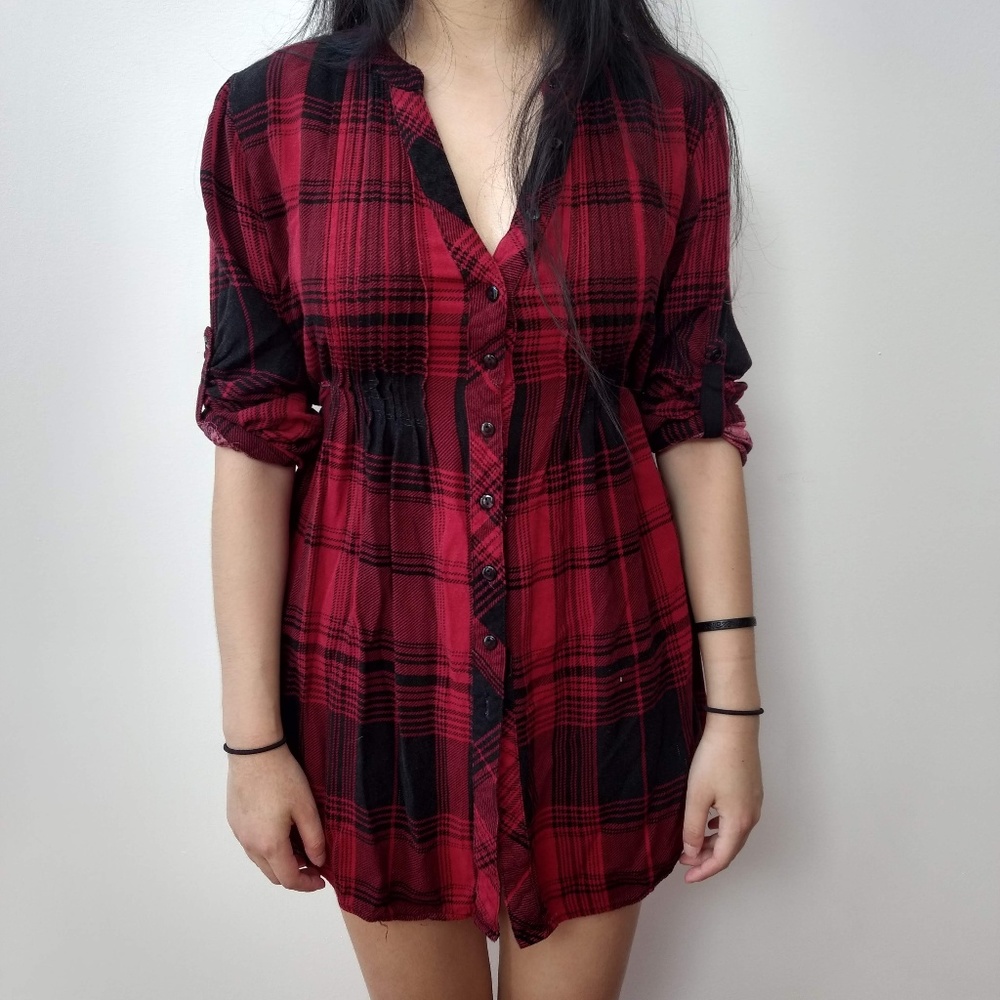 Edgy Red Plaid Shirt-Dress